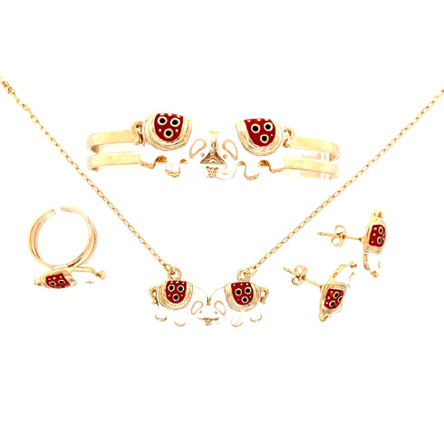 The Girls Elephant Charm Jewelry Set includes adjustable pieces such as a necklace, bracelet, earrings, and ring. Each item is adorned in gold with silver accents and features vibrant red ladybird designs. Displayed on a white background, the set highlights the intricate details and colorful charm of the ladybirds.